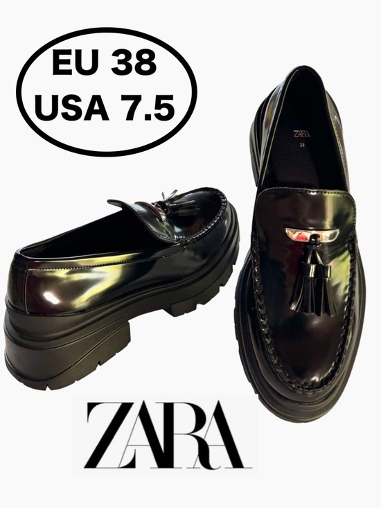 Zara Shoes - Zara Black Patent Leather Tassel Track Sole Chunky
Platform Loafers (38/7.5)